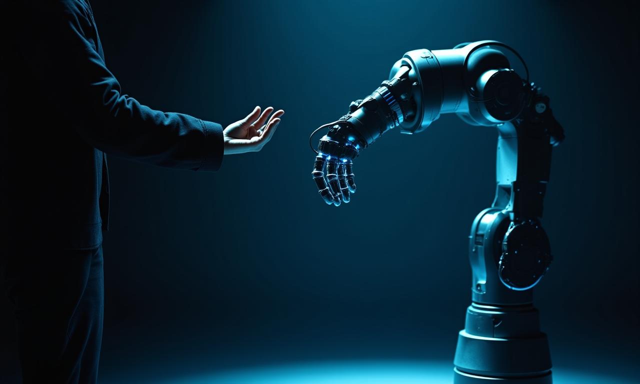 光り輝くロボットアームが人の動きに反応するインタラクティブ展示の様子
