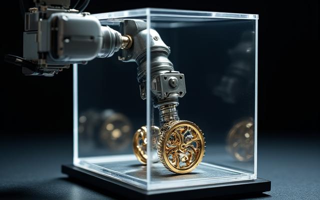 ショーケース内の精密ロボット展示